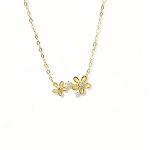 14K gold plated S925 silver necklace featuring two delicate floral pendants with zircons