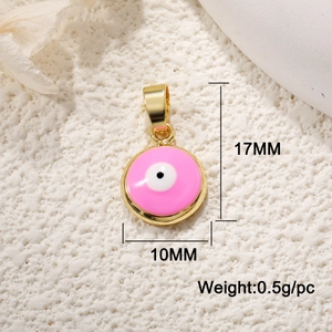 Macro detail of 10mm pink Evil Eye charm with gold edge showing 17mm height and dimensions