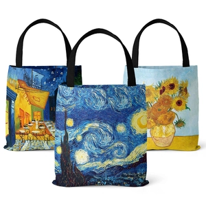 Van Gogh Oil Painting Canvas Tote Bag Starry Night Sunflowers Print Shoulder Shopping Bag For Women Daily Travel Beach