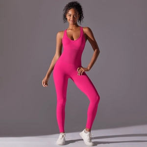 Detail of rose red seamless sports bodysuit with racerback and bodycon fitness fit