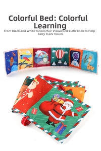 Detail showing high-contrast black and white baby cloth book with colorful illustrations