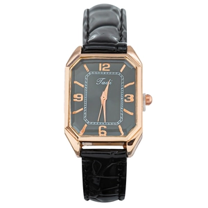 Fashionable octagonal quartz watch with black dial and rose gold case on leather strap