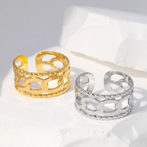 Stainless Steel Chain Link Ring 18K Gold Plated Adjustable Open Geometric Minimalist Jewelry For Women