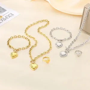 Heart Jewelry Necklace Bracelet Earrings Ring Stainless Steel Toggle Clasp Chunky O Chain Fashion For Women