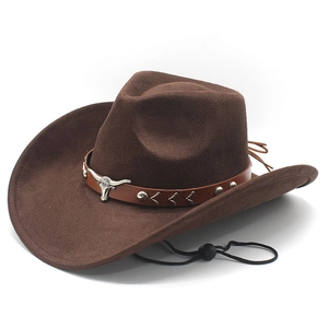 Chapeau De Cowboy Occidental Faux Daim Large Bord Rétro Style Vintage Avec Ceinture En Cuir Tête De Taureau Et Corde