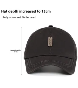 Detail of washed cotton baseball cap showing 13cm deep crown and brown leather patch