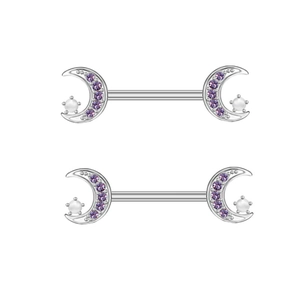 Detail of silver nipple rings with purple zircons and white pearls in moon design