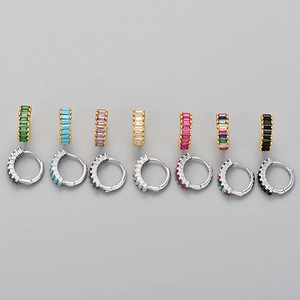 Geometric Rectangle Rhinestone Huggie Earrings For Women Copper Baguette Cut Small Hoop Earrings With 925 Silver Post Jewelry