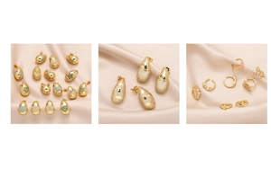 Selezione dettagliata di orecchini a goccia dorati e perni a cuore con inserti in zircone