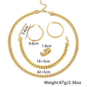 Golden titanium steel jewelry set featuring Cuban chain necklace, bracelet, hoops and ring