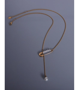 Detail of 18k gold plated safety pin necklace with pearl fringe and lobster clasp