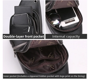 Detail view of black pebble leather chest bag with dual front pockets and large capacity