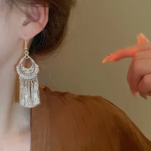 Ethnic bohemian silver long tassel earrings with geometric hollow metal and rhinestones