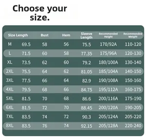 Detaillierte Größentabelle für Herren-Kapuzenjacke von M bis 8XL mit Maßen und Gewicht