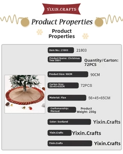 Detail showing 90CM linen Christmas tree skirt with Scotland red plaid border specifications