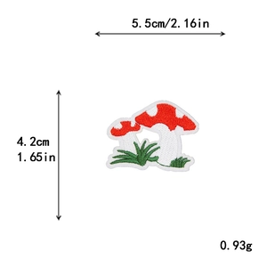 Red mushroom embroidered patch with size dimensions 5.5cm by 4.2cm for DIY clothing decor