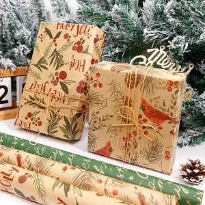 Christmas kraft wrapping paper roll with floral and bird patterns for gift packaging