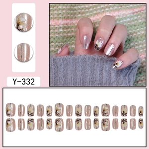 Y-332 Cat-Eye Press-On Nails with Magnolia Floral Art and Pink Shimmer Finish