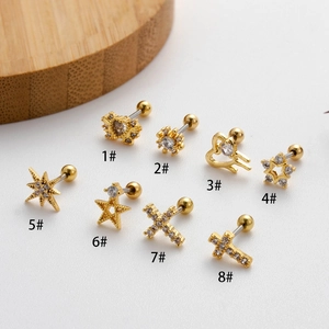 Set of 8 gold stainless steel helix earrings with cubic zirconia in star and heart shapes