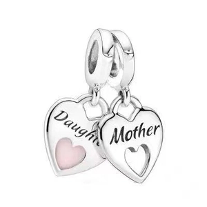 Silver mother and daughter double heart charm with pink enamel and engraved lettering