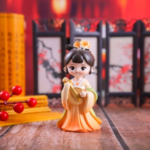 Close-up of Q-version doll in green Hanfu playing a musical instrument in a classic setting