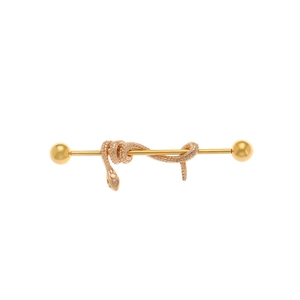 Golden industrial barbell earring featuring a detailed coiled snake design in retro style