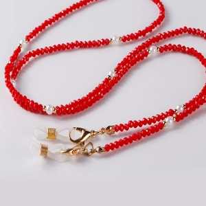 Red crystal and white pearl beaded chain lanyard for glasses or face masks with gold clips