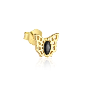 Close-up of golden butterfly earring featuring a black stone and 925 silver hallmark