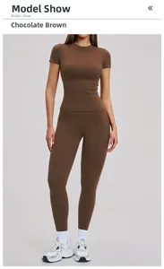 Chocolate brown compression yoga set with high waist leggings and short sleeve top