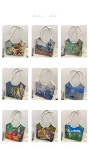 Art canvas tote bag collection with oil painting prints and reinforced handles