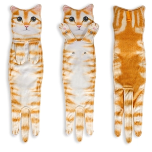 Detail of cute orange tabby cat hand towel showing secure snap button closure on cat paws