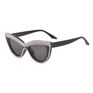Chic black cat eye sunglasses with hand-set rhinestones and dark grey lenses