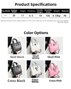 Detailed size chart for gothic punk crossbody bag with rivets and skull cross charms