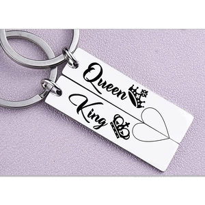 Polished stainless steel King and Queen couple keychains with matching heart design