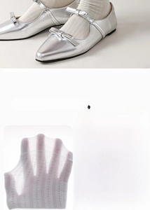 Detail of mesh breathable silk socks with wavy cuffs shown with Mary Jane shoes