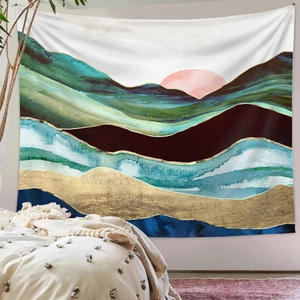 Detail of abstract mountain tapestry with gold foil accents and watercolor art