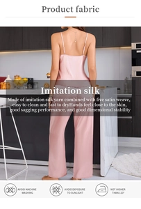 Detail of pink imitation silk pajamas showing smooth satin texture and fabric care icons
