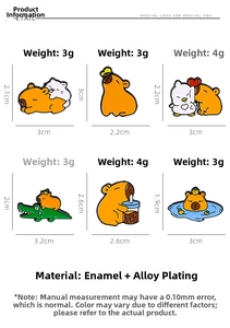 Detailed view showing dimensions and weight of various cartoon capybara enamel pins