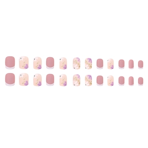 24pcs short matte press-on nails with pink french tips and purple floral pattern designs
