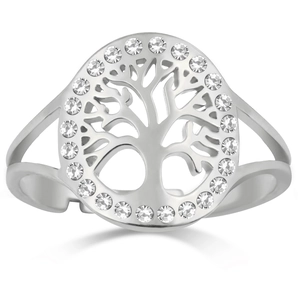 Macro view of silver tree of life ring with sparkling crystals and double-split band