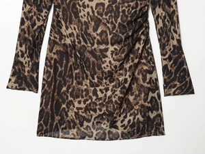 Close-up of leopard print long sleeve dress with ruched waist detail and sheer fabric texture