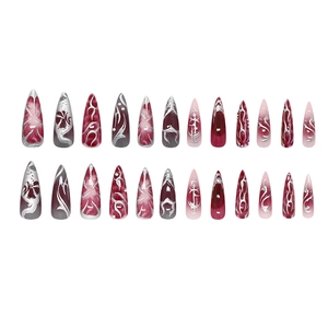 24pcs Dark Gothic Red Ombre Stiletto Press-on Nails with Metallic Silver 3D Line Designs