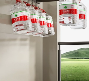 Detail of grey wall-mounted metal rack showing heavy-duty hooks for bottled water storage