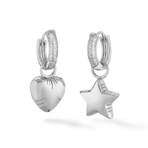 Asymmetric heart and star drop earrings in silver finish with sparkling zircon stones