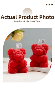 Detailed macro view of red rose-textured bear candle with heart and ribbon detail