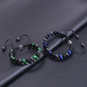 Double layer green tiger eye and obsidian beaded bracelet with adjustable woven cord
