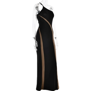 Detail showing the contrast khaki side stripes on a black bodycon one-shoulder maxi dress
