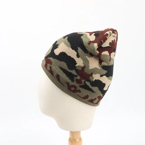 Detailed close-up of jungle camouflage knit beanie with warm textured fabric