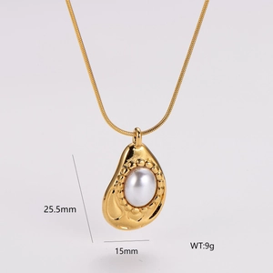 Détail du pendentif goutte avec perle, montrant les dimensions 25,5mm et le poids de 9g