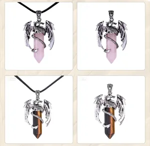 Détails de pendentifs en cristal hexagonal avec dragon en quartz rose et oeil de tigre